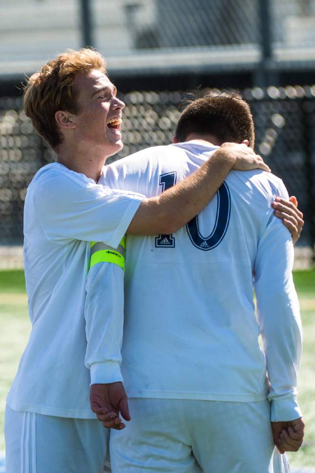 Chris Detrick  |  The Salt Lake Tribune
Juan Diego's Jered Mariani (19) and Juan Diego's Ruben Castillo (10) celebrate after Castillo scored a goal during the game at Juan Diego High School Thursday, May 4, 2017.
