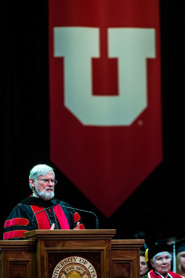 Chris Detrick  |  The Salt Lake Tribune
University of Utah President David W. Pershing speaks at Jon M. Huntsman Center during the Commencement Ceremony Thursday, May 4, 2017.