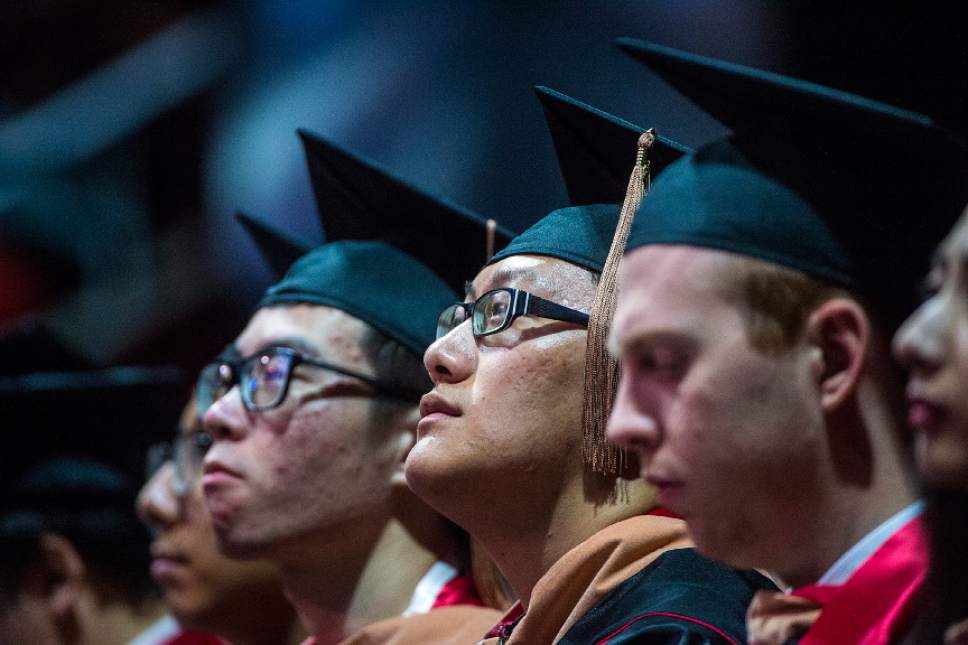 Chris Detrick  |  The Salt Lake Tribune
University of Utah students listen at Jon M. Huntsman Center during the Commencement Ceremony Thursday, May 4, 2017.