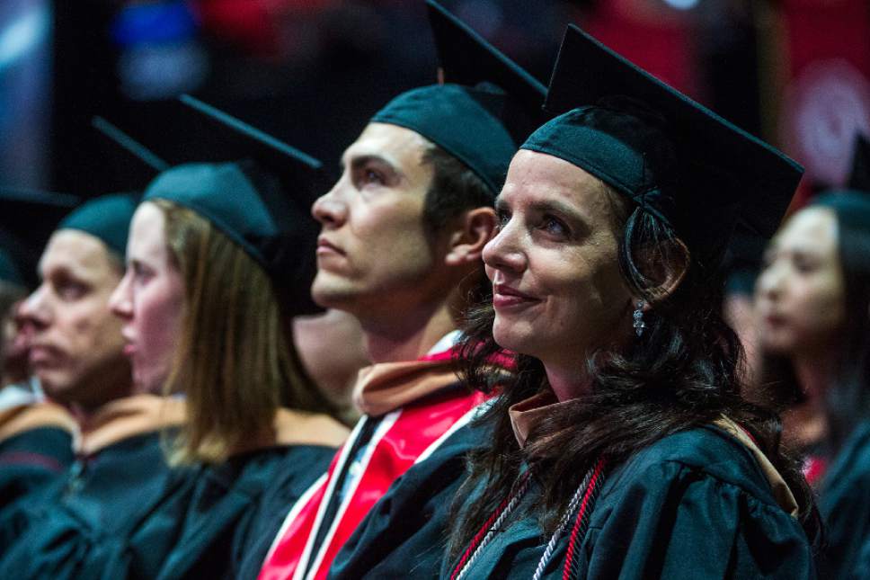 Chris Detrick  |  The Salt Lake Tribune
University of Utah students listen at Jon M. Huntsman Center during the Commencement Ceremony Thursday, May 4, 2017.