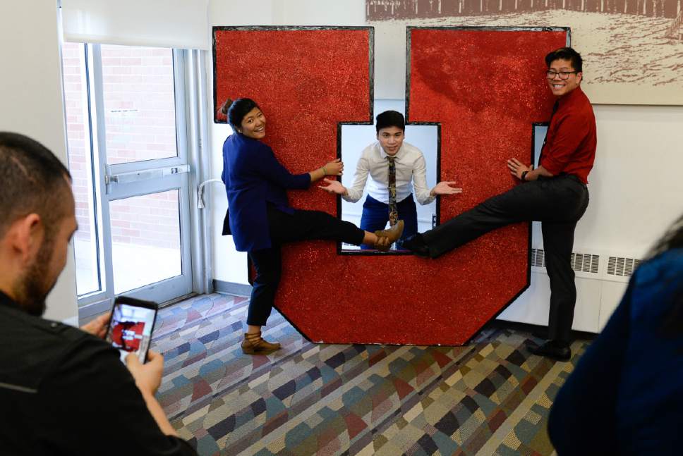 Francisco Kjolseth | The Salt Lake Tribune
Deepika Shah KC, Karl Ramirez and Brian Truong, from left, pose for photographs as the University of Utah's Center for Ethnic Affairs holds its annual graduation celebration for students and their families on Thursday, April 27, 2017, in a more intimate event prior to commencement ceremonies.