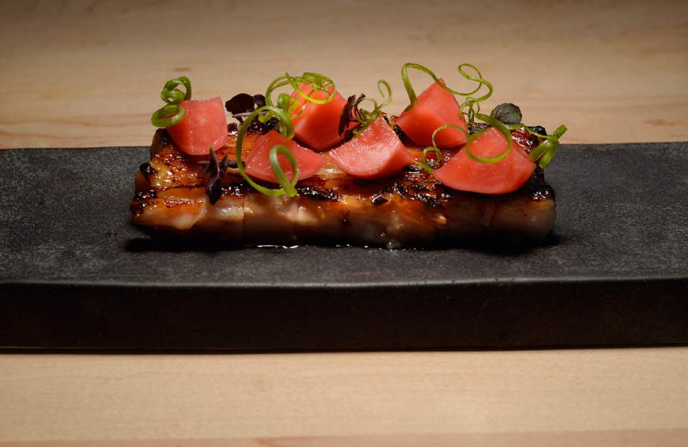 Scott Sommerdorf | The Salt Lake Tribune
The pork belly at Ikigai, Friday, April 28, 2017. Ikigai is a new Japanese restaurant in downtown Salt Lake City, just east of the Salt Palace. Owner Johnny Kwon shuttered his popular sushi restaurant, Naked Fish, to create this new small plates space.