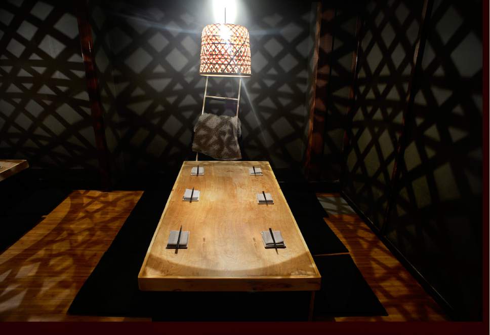 Scott Sommerdorf | The Salt Lake Tribune
A single table in the Tatami room at Ikigai, Friday, April 28, 2017. Ikigai, housed in the space once occupied by Mikado and Naked Fish in downtown Salt Lake City, debuted in December with a menu of bar snacks, small plates and entrees that can feed two or more.