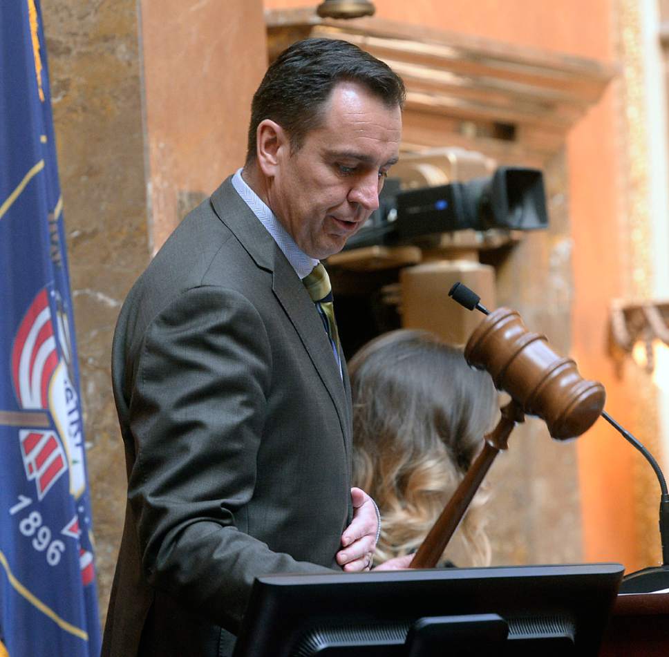 Al Hartmann  |   Tribune file photo
Speaker of the House Greg Hughes strikes the gavel Monday Jan. 30 to start the second week of the Utah 2017 Legislature.