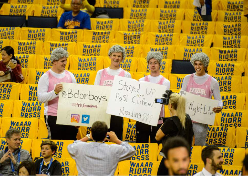 Steve Griffin  |  The Salt Lake Tribune


In a homage to the famous Pink Grandmas, who are die hard Jazz fans, Spencer Plummer, Nick Burnett, Britton Rasmussen and Mitch Meyer made the trip to Oakland from Kaysville, Utah to see the Jazz play the Warriors in game 2 of the NBA playoffs at Oracle Arena in Oakland Thursday May 4, 2017.
