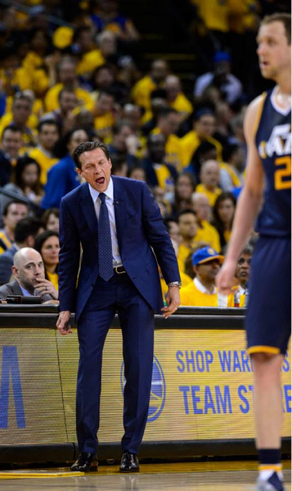Steve Griffin  |  The Salt Lake Tribune


Utah Jazz head coach Quin Snyder screams at his players after they gave up a wide open dunk during game 2 of the NBA playoff game between the Utah Jazz and the Golden State Warriors at Oracle Arena in Oakland Thursday May 4, 2017.