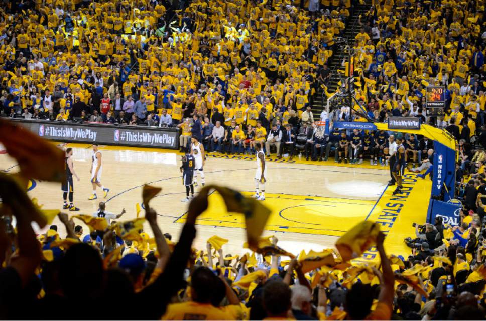 Steve Griffin  |  The Salt Lake Tribune


The crowd waves their towels as the Warriors open up a big lead in the first half of game 2 of the NBA playoff game between the Utah Jazz and the Golden State Warriors at Oracle Arena in Oakland Thursday May 4, 2017.