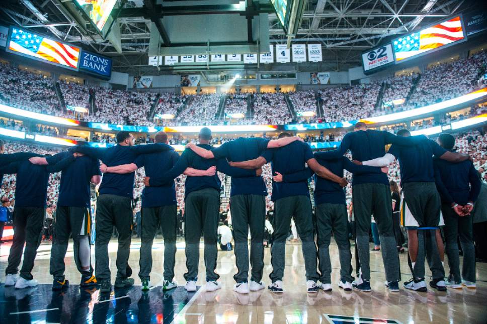 Chris Detrick  |  The Salt Lake Tribune
Utah Jazz during the National Anthem during the game at Vivint Smart Home Arena Friday, April 28, 2017.