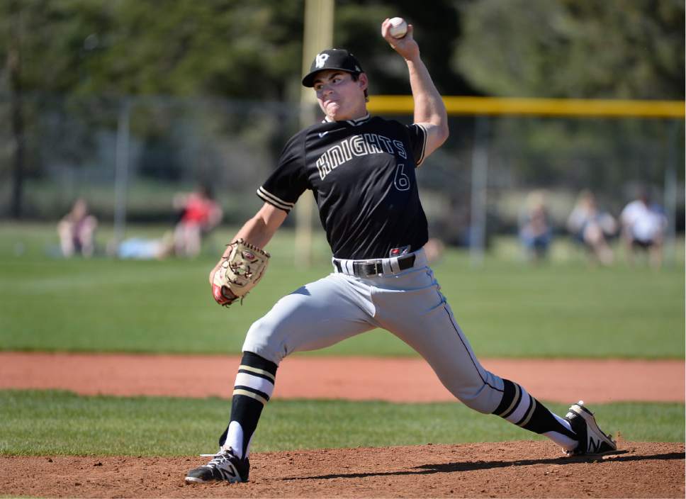 Scott Sommerdorf | The Salt Lake Tribune
Lone Peak's Seth Corry throws during 5th inning play. Corry threw his maximum allowed pitches (110) and was forced to exit in the 7th inning with a 5-1 lead. Lone Peak held on to beat American Fork 5-3, Friday, May 5, 2017.