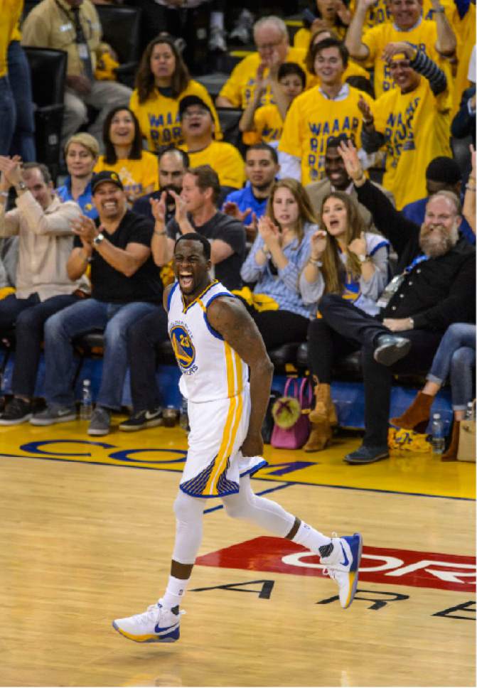 Steve Griffin  |  The Salt Lake Tribune


Golden State Warriors forward Draymond Green (23) screams as the crowd goes wild after he nailed a three pointer during game 2 of the NBA playoff game between the Utah Jazz and the Golden State Warriors at Oracle Arena in Oakland Thursday May 4, 2017.