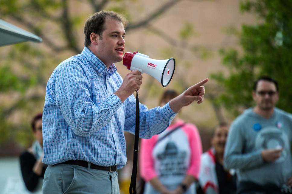 Chris Detrick  |  The Salt Lake Tribune
Thomas Taylor, who is running against Rep. Mia Love, R-Utah, speaks during the Utah Hands Off Our Healthcare Rally at the Wallace F. Bennett Federal Building in Salt Lake City Thursday, May 4, 2017.