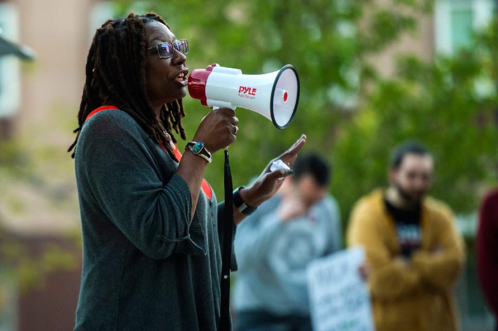 Chris Detrick  |  The Salt Lake Tribune
Darlene McDonald, who is running against Rep. Mia Love, R-Utah, speaks during the Utah Hands Off Our Healthcare Rally at the Wallace F. Bennett Federal Building in Salt Lake City Thursday, May 4, 2017.