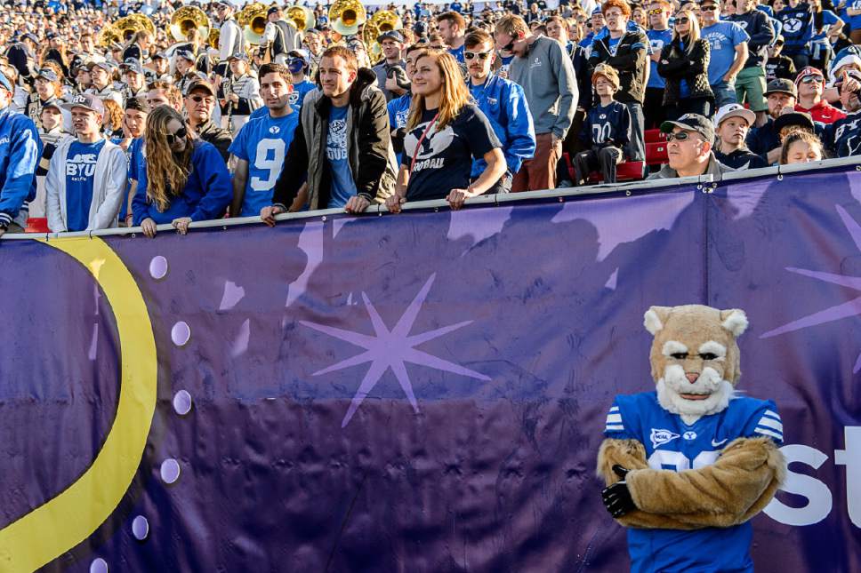 Trent Nelson  |  The Salt Lake Tribune
BYU fans and school mascot Cosmo look on as Utah holds a 35-0 lead over BYU in the Royal Purple Las Vegas Bowl, NCAA football at Sam Boyd Stadium in Las Vegas, Saturday December 19, 2015.