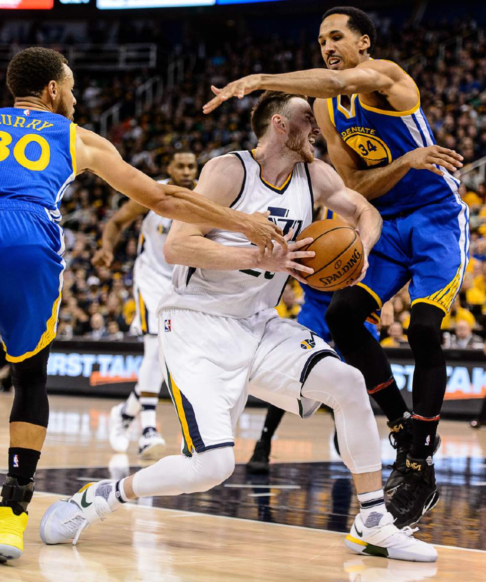 Trent Nelson  |  The Salt Lake Tribune
Utah Jazz forward Gordon Hayward (20) defended by Golden State Warriors guard Stephen Curry (30) and Golden State Warriors guard Shaun Livingston (34) as the Utah Jazz host the Golden State Warriors in Game 3 of the second round, NBA playoff basketball in Salt Lake City, Saturday May 6, 2017.