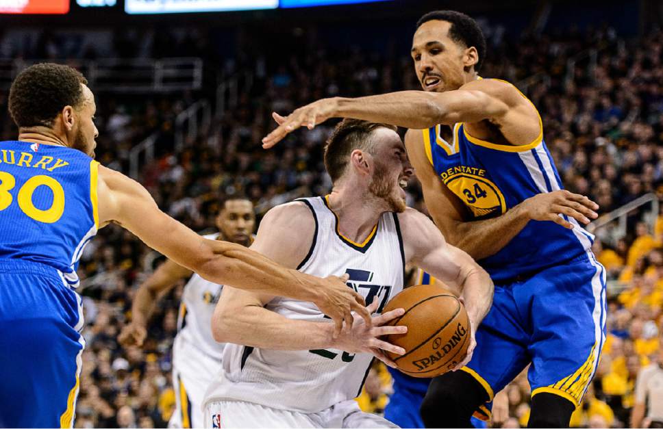 Trent Nelson  |  The Salt Lake Tribune
Utah Jazz forward Gordon Hayward (20) defended by Golden State Warriors guard Stephen Curry (30) and Golden State Warriors guard Shaun Livingston (34) as the Utah Jazz host the Golden State Warriors in Game 3 of the second round, NBA playoff basketball in Salt Lake City, Saturday May 6, 2017.