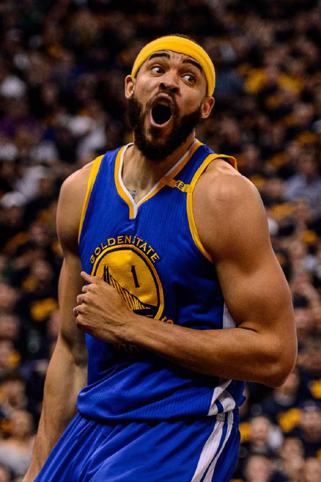 Trent Nelson  |  The Salt Lake Tribune
Golden State Warriors center JaVale McGee (1) reacts to a foul as the Utah Jazz host the Golden State Warriors in Game 3 of the second round, NBA playoff basketball in Salt Lake City, Saturday May 6, 2017.