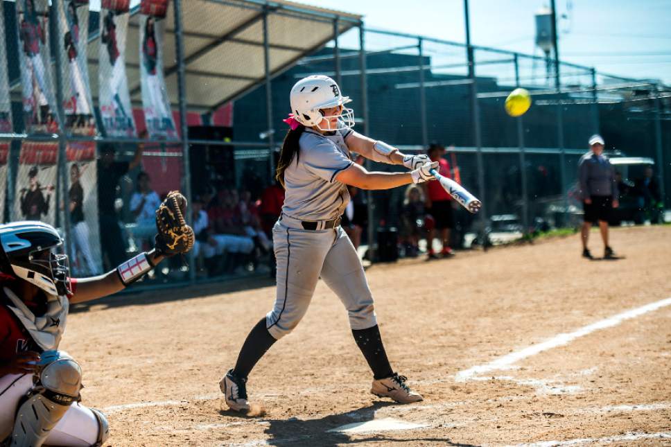 Chris Detrick  |  The Salt Lake Tribune
Davis' Paige Elkins (5) hits during the game at West High School Wednesday, May 3, 2017.  Davis defeated West game 3-1.