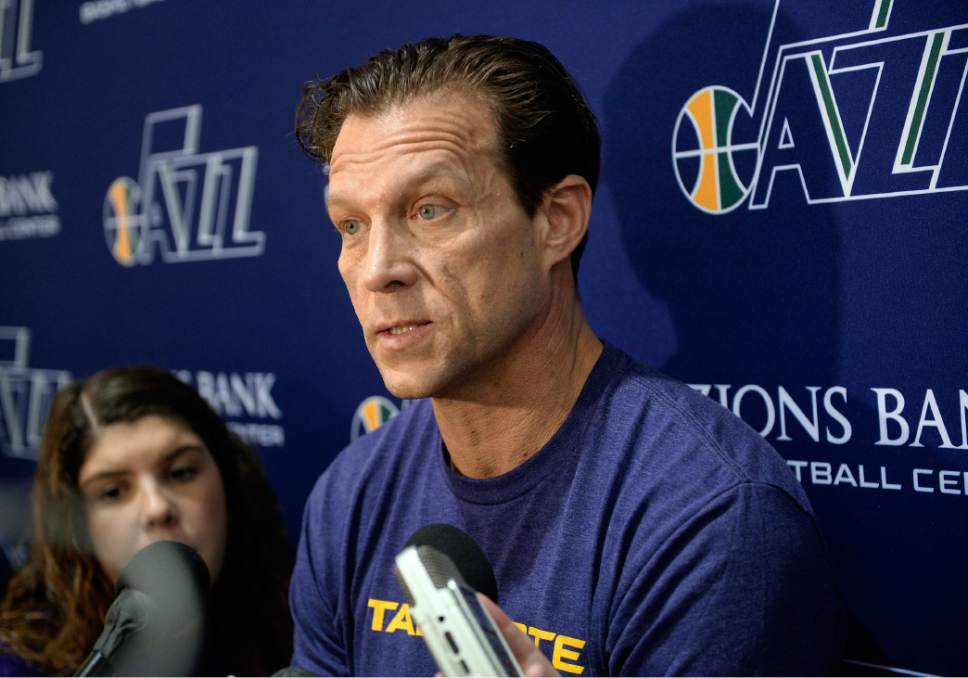 Al Hartmann  |  The Salt Lake Tribune
Utah Jazz coach Quin Snyder speaks to the local sports media in Salt Lake City Friday May 5 on the playoff series with Golden State.