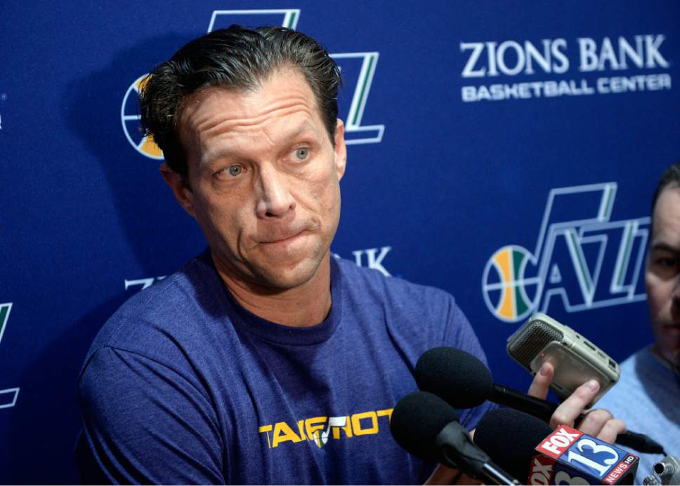 Al Hartmann  |  The Salt Lake Tribune
Utah Jazz coach Quin Snyder speaks to the local sports media in Salt Lake City Friday May 5 on the playoff series with Golden State.