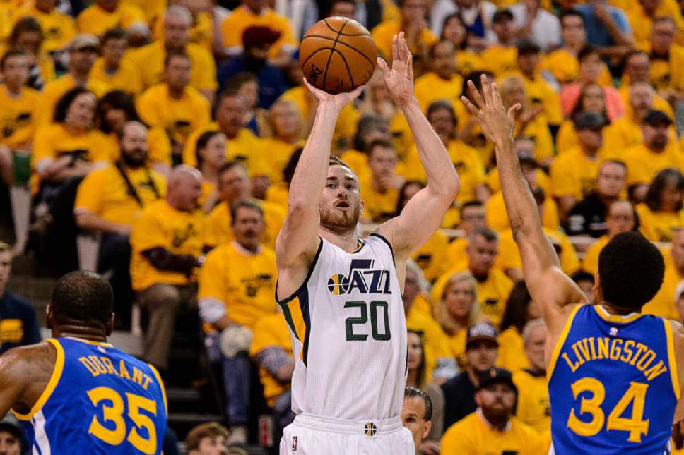 Trent Nelson  |  The Salt Lake Tribune
Utah Jazz forward Gordon Hayward (20) shoots as the Utah Jazz host the Golden State Warriors in Game 3 of the second round, NBA playoff basketball in Salt Lake City, Saturday May 6, 2017.