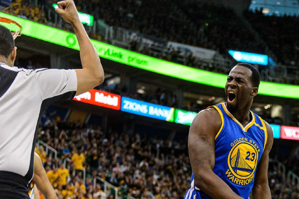 Trent Nelson  |  The Salt Lake Tribune
Golden State Warriors forward Draymond Green (23) reacts to his second foul as the Utah Jazz host the Golden State Warriors in Game 3 of the second round, NBA playoff basketball in Salt Lake City, Saturday May 6, 2017.