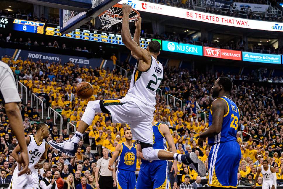 Trent Nelson  |  The Salt Lake Tribune
Utah Jazz center Rudy Gobert (27) dunks the ball as the Utah Jazz host the Golden State Warriors in Game 3 of the second round, NBA playoff basketball in Salt Lake City, Saturday May 6, 2017.