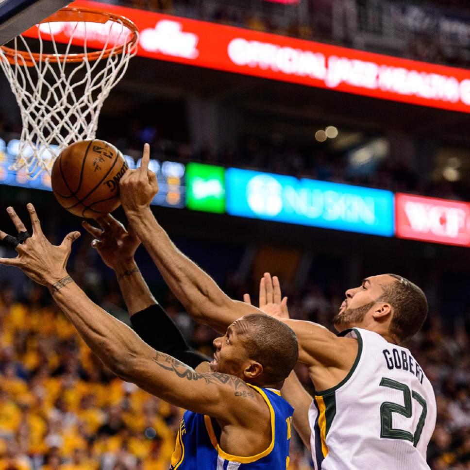 Trent Nelson  |  The Salt Lake Tribune
Golden State Warriors forward David West (3) and Utah Jazz center Rudy Gobert (27) as the Utah Jazz host the Golden State Warriors in Game 3 of the second round, NBA playoff basketball in Salt Lake City, Saturday May 6, 2017.