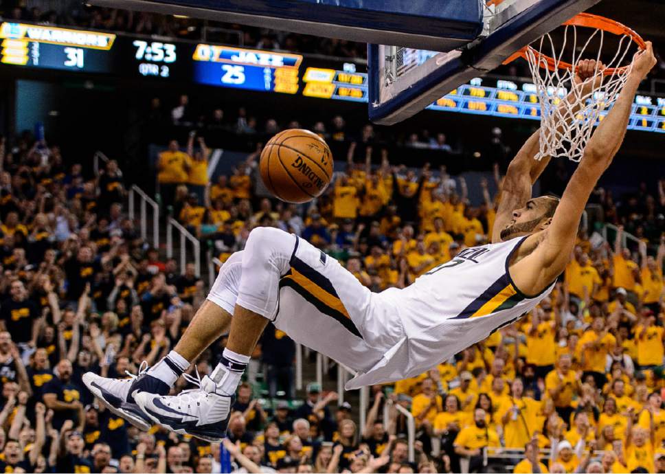 Trent Nelson  |  The Salt Lake Tribune
Utah Jazz center Rudy Gobert (27) dunks the ball as the Utah Jazz host the Golden State Warriors in Game 3 of the second round, NBA playoff basketball in Salt Lake City, Saturday May 6, 2017.