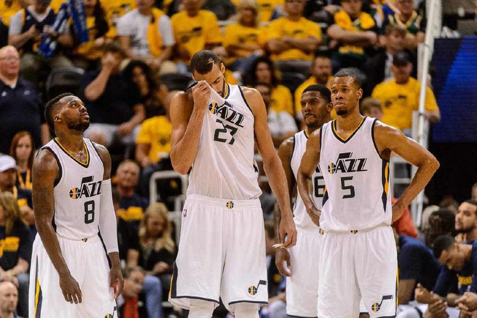 Trent Nelson  |  The Salt Lake Tribune
Utah Jazz guard Shelvin Mack (8), Utah Jazz center Rudy Gobert (27), Utah Jazz forward Joe Johnson (6) and Utah Jazz guard Rodney Hood (5) on the court in the final minute, down ten points, as the Utah Jazz host the Golden State Warriors in Game 3 of the second round, NBA playoff basketball in Salt Lake City, Saturday May 6, 2017.
