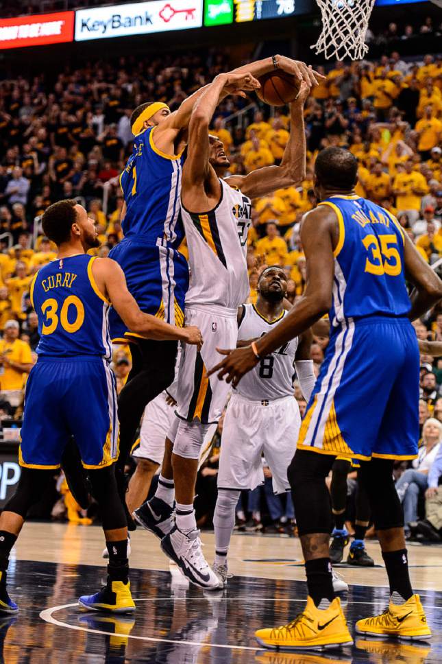Trent Nelson  |  The Salt Lake Tribune
Utah Jazz center Rudy Gobert (27) is fouled by Golden State Warriors center JaVale McGee (1) as the Utah Jazz host the Golden State Warriors in Game 3 of the second round, NBA playoff basketball in Salt Lake City, Saturday May 6, 2017.