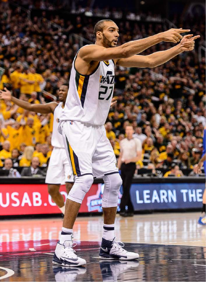 Trent Nelson  |  The Salt Lake Tribune
Utah Jazz center Rudy Gobert (27) looks for a call as the Utah Jazz host the Golden State Warriors in Game 3 of the second round, NBA playoff basketball in Salt Lake City, Saturday May 6, 2017.