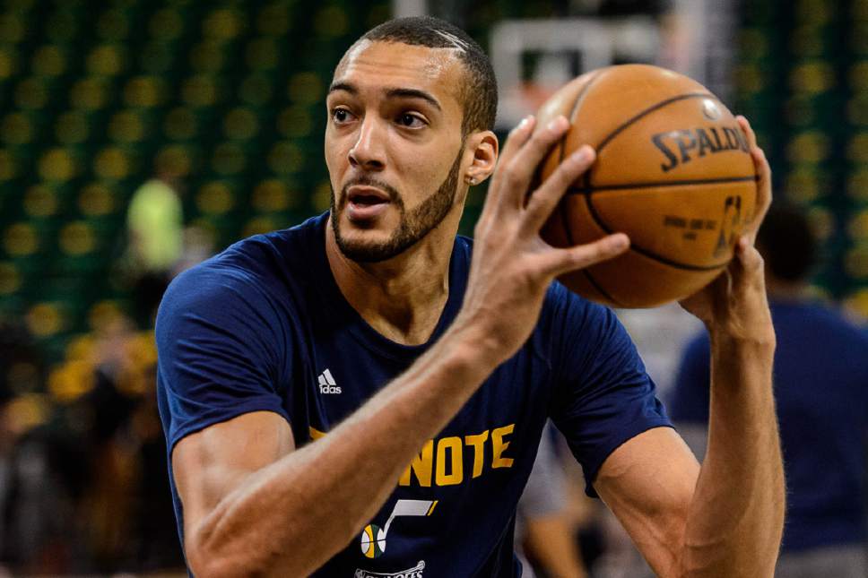 Trent Nelson  |  The Salt Lake Tribune
Utah Jazz center Rudy Gobert (27) warms up as the Utah Jazz host the Golden State Warriors in Game 3 of the second round, NBA playoff basketball in Salt Lake City, Saturday May 6, 2017.