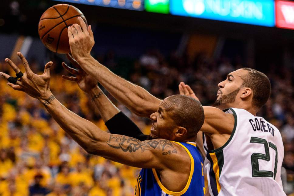 Trent Nelson  |  The Salt Lake Tribune
Golden State Warriors forward David West (3) and Utah Jazz center Rudy Gobert (27) as the Utah Jazz host the Golden State Warriors in Game 3 of the second round, NBA playoff basketball in Salt Lake City, Saturday May 6, 2017.