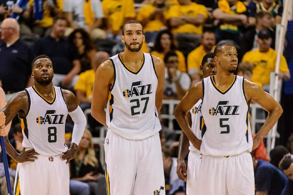 Trent Nelson  |  The Salt Lake Tribune
Utah Jazz guard Shelvin Mack (8), Utah Jazz center Rudy Gobert (27) and Utah Jazz guard Rodney Hood (5) look on in the final minute, down ten points as the Utah Jazz host the Golden State Warriors in Game 3 of the second round, NBA playoff basketball in Salt Lake City, Saturday May 6, 2017.