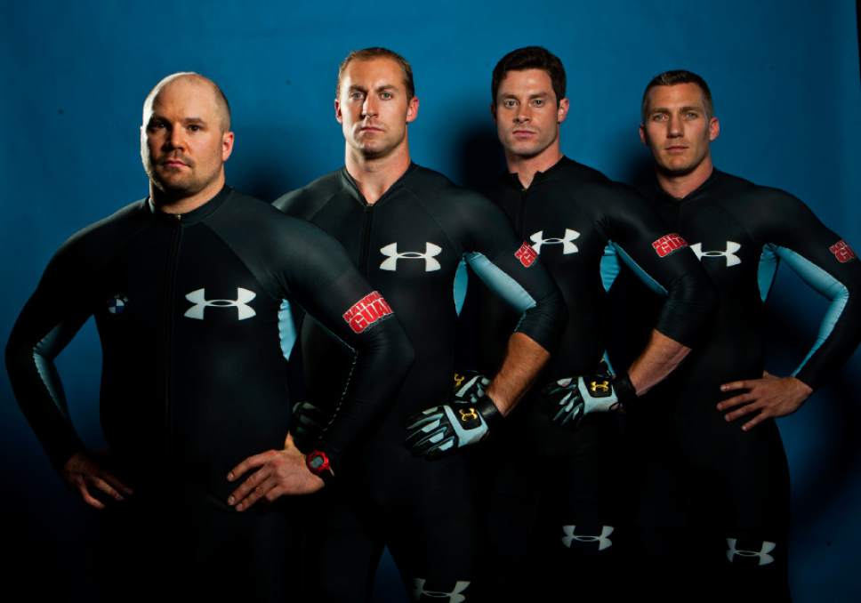 Chris Detrick  |  The Salt Lake Tribune
USA bobsled team Steve Holcomb, Curt Tomasevicz, Steve Langton and Chris Fogt pose for a portrait during the Team USA Media Summit at the Canyons Grand Summit Hotel Monday September 30, 2013.