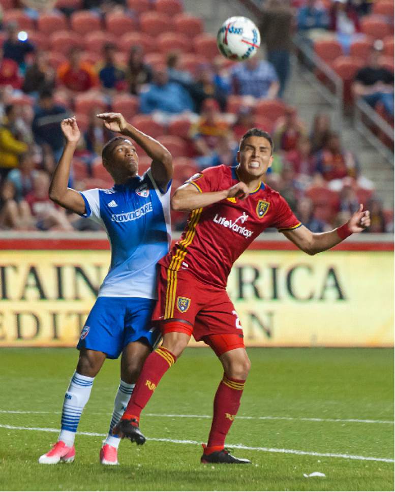 Michael Mangum  |  Special to the Tribune

FC Dallas midfielder Carlos Gruezo (7), left, and Real Salt Lake midfielder Luis Silva (20) battle for a loose ball during their match at Rio Tinto Stadium in Sandy, UT on Saturday, May 6, 2017.