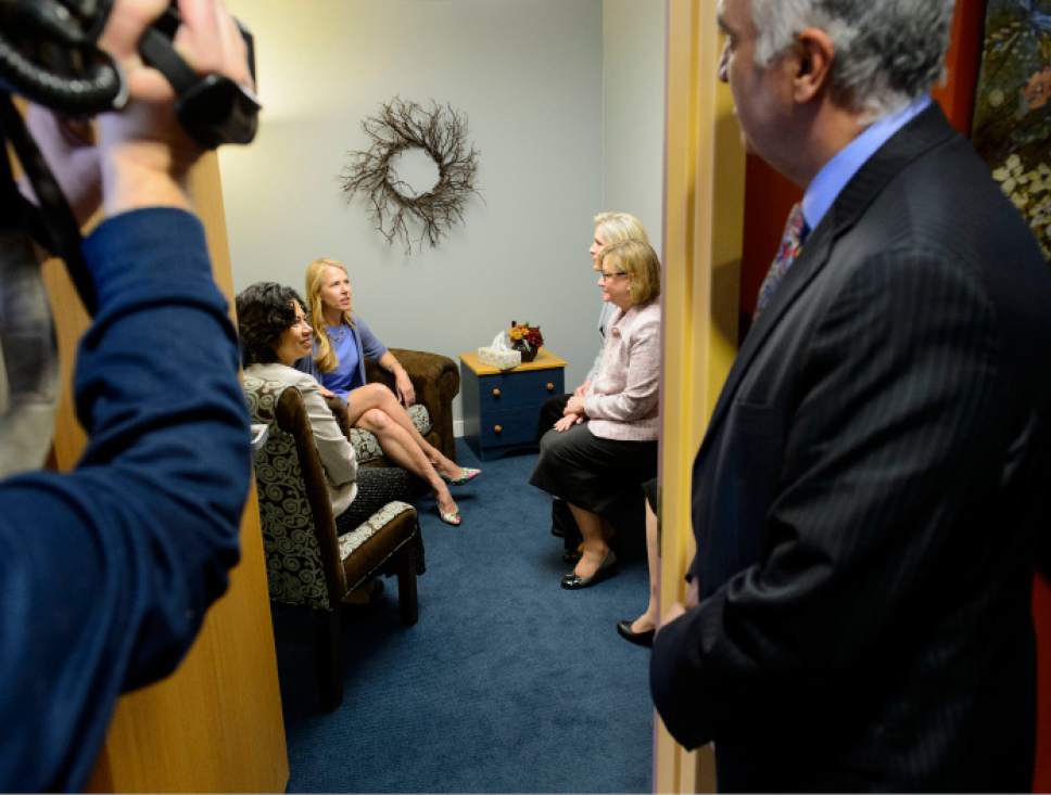 Steve Griffin  |  The Salt Lake Tribune


Utah Children's Justice Center director Susanne Mitchell, second from left, talks with female leaders from The Church of Jesus Christ of Latter-day Saints and Salt Lake County District Attorney Sim Gill, right, as the group toured the South Valley Children's Justice Center in West Jordan on Thursday April 20, 2017. In recognition of Child Abuse Prevention Month the women leaders presented a $120,000 donation to enhance on-site medical services at eight Utah CJC locations.