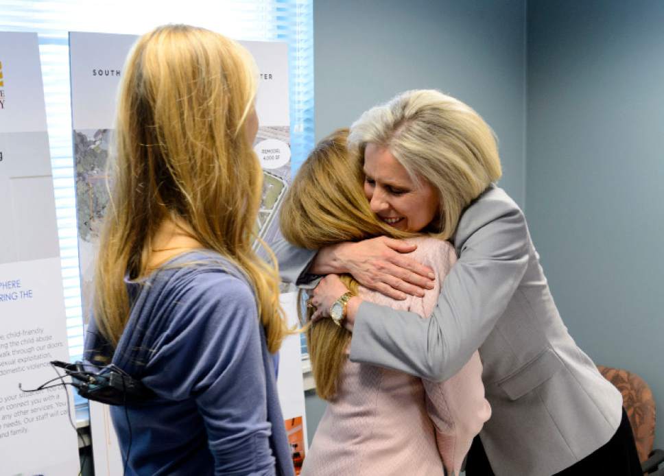 Steve Griffin  |  The Salt Lake Tribune


The Church of Jesus Christ of Latter-day Saints Primary General President, Joy D. Jones, hugs Tracey Tabet, of the Utah Attorney Generals Office, after giving a $120,000 donation to Tabet and Utah Children's Justice Center director Susanne Mitchell, left, after touring the facility in West Jordan on Thursday April 20, 2017.