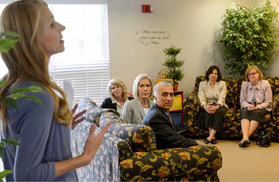 Steve Griffin  |  The Salt Lake Tribune


Utah Children's Justice Center director Susanne Mitchell, left, talks with female leaders from The Church of Jesus Christ of Latter-day Saints and Salt Lake County District Attorney Sim Gill before the group toured the South Valley Children's Justice Center in West Jordan on Thursday April 20, 2017. In recognition of Child Abuse Prevention Month the leaders presented a $120,000 donation to enhance on-site medical services at eight Utah CJC locations.
