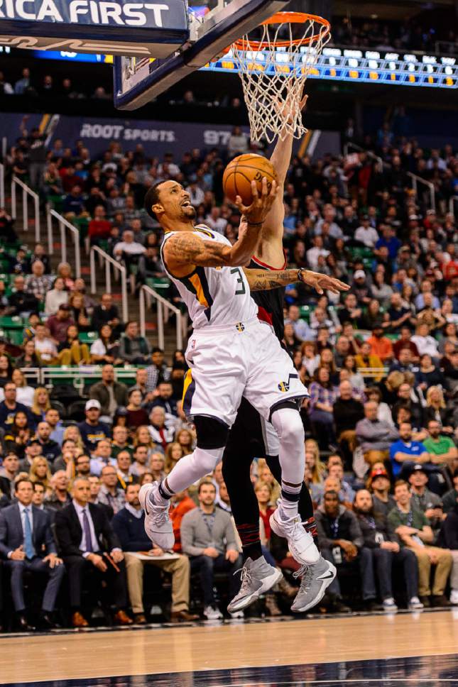 Trent Nelson  |  The Salt Lake Tribune
Utah Jazz guard George Hill (3) shoots, with Portland Trail Blazers guard Pat Connaughton (5) defending as the Utah Jazz host the Portland Trailblazers, NBA basketball in Salt Lake City, Wednesday February 15, 2017.