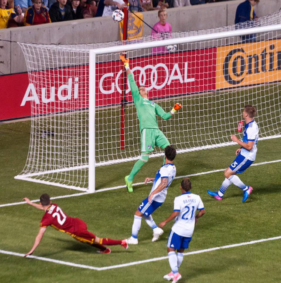 Michael Mangum  |  Special to the Tribune

A shot from Real Salt Lake midfielder Brooks Lennon (27) goes up and over the bar during their match against FC Dallas at Rio Tinto Stadium in Sandy, UT on Saturday, May 6, 2017.