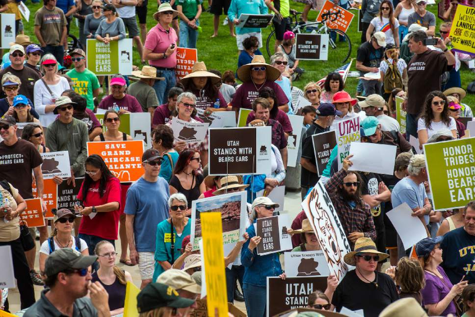 Chris Detrick  |  The Salt Lake Tribune
Hundreds of people gather during the Monumental Rally for Bears Ears and Grand Staircase Monuments at the Utah State Capitol Saturday, May 6, 2017.