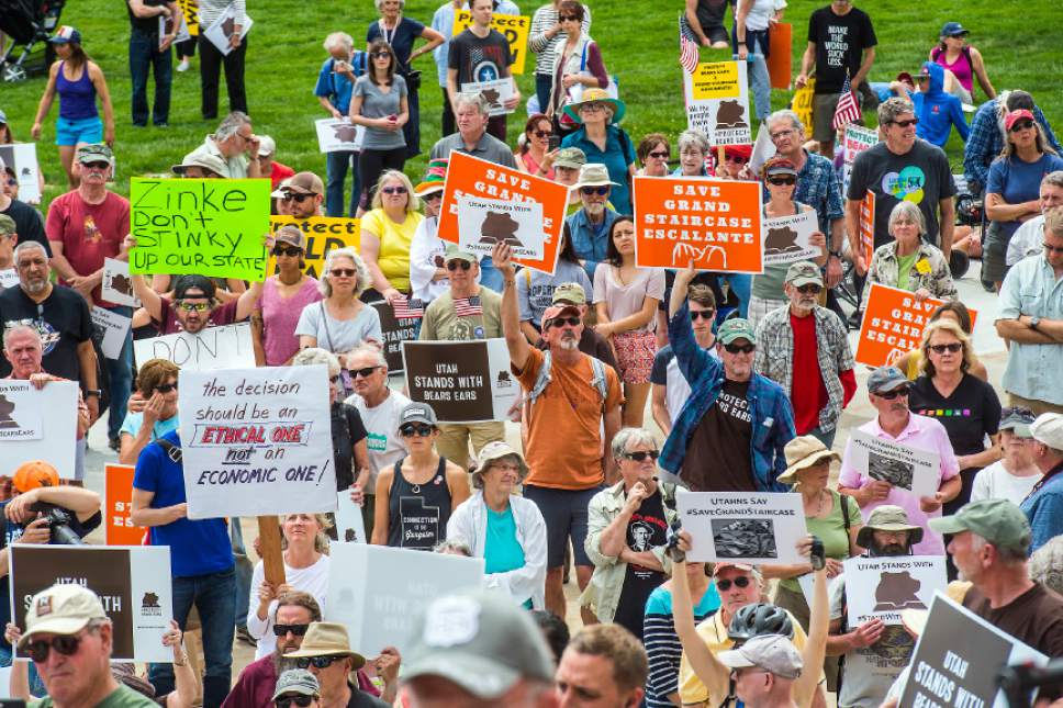 Chris Detrick  |  The Salt Lake Tribune
Hundreds of people gather during the Monumental Rally for Bears Ears and Grand Staircase Monuments at the Utah State Capitol Saturday, May 6, 2017.