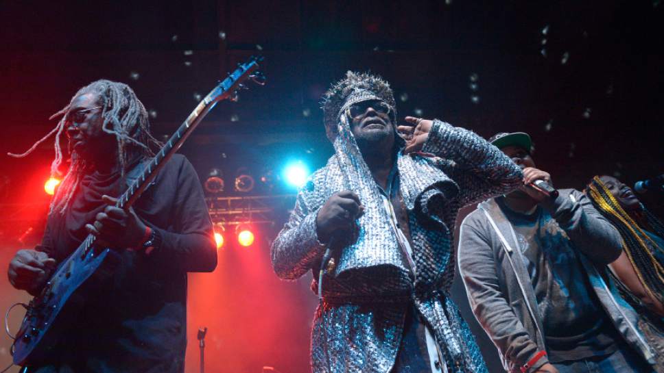 Leah Hogsten  |  The Salt Lake Tribune
Funk legend George Clinton, center, and his Parliament Funkadelic band perform at The Depot in Salt Lake City on Friday, Dec. 30, 2016.