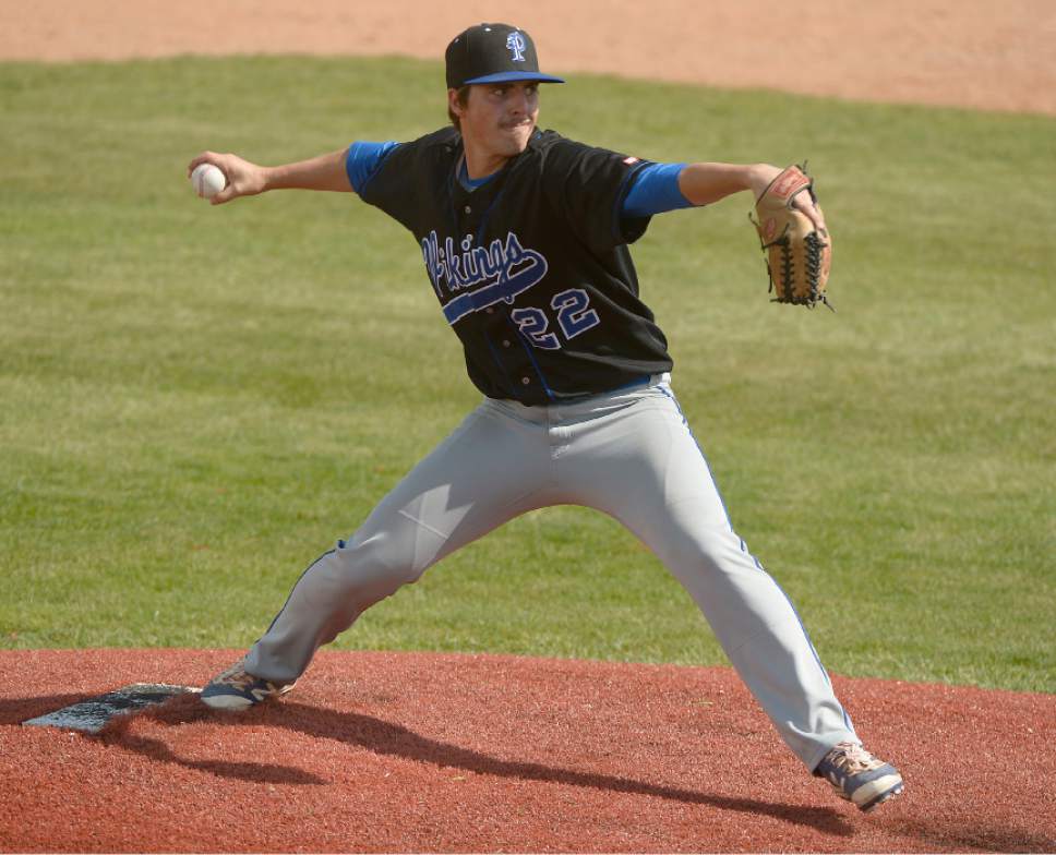 Leah Hogsten  |  The Salt Lake Tribune 
Pleasant Grove pitcher Logan Hooley. Lone Peak High School boys' baseball team defeated Pleasant Grove High School 8-5 during their game Monday, May 8, 2017.