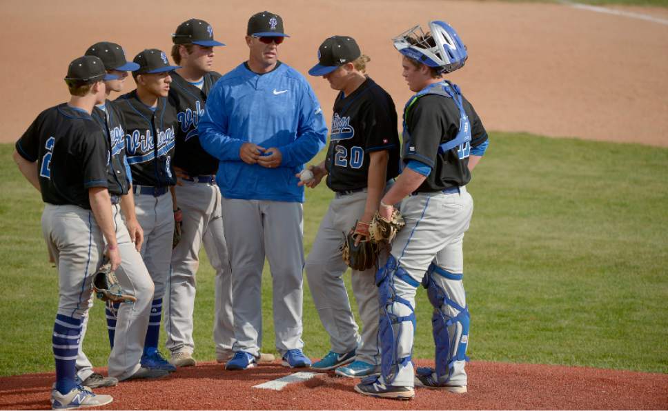 Leah Hogsten  |  The Salt Lake Tribune 
Pleasant Grove's relief pitcher Ty Lewis came in the bottom of the sixth inning. Lone Peak High School boys' baseball team defeated Pleasant Grove High School 8-5 during their game Monday, May 8, 2017.