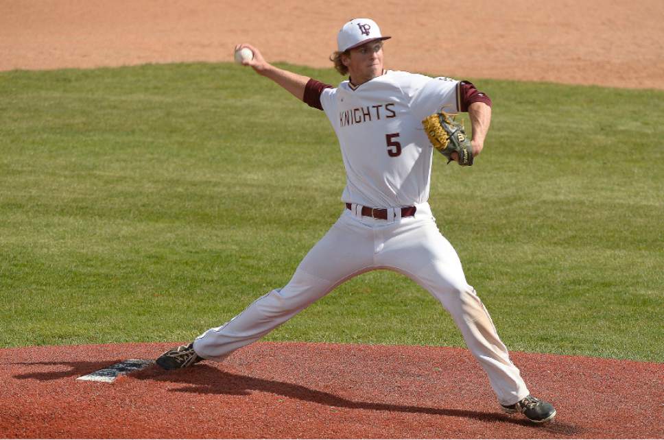 Leah Hogsten  |  The Salt Lake Tribune 
Lone Peak's pitcher Payton Freeman. Lone Peak High School boys' baseball team defeated Pleasant Grove High School 8-5 during their game Monday, May 8, 2017.