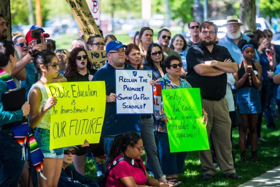 Chris Detrick  |  The Salt Lake Tribune
Protestors demonstrate during the keynote address of Education Secretary Betsy DeVos at the ASU + GSV summit outside of the The Grand America Hotel in Salt Lake City Tuesday, May 9, 2017.