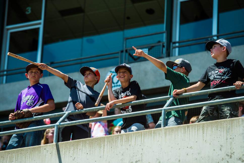 Chris Detrick  |  The Salt Lake Tribune
Children watch as the Salt Lake Bees play the Omaha Storm Chaser during the annual Kids Day game at Smith's Ballpark Tuesday, May 9, 2017.