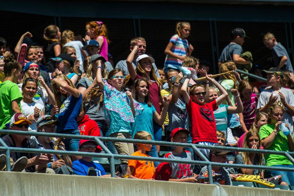 Chris Detrick  |  The Salt Lake Tribune
Children watch and cheer as the Salt Lake Bees play the Omaha Storm Chaser during the annual Kids Day game at Smith's Ballpark Tuesday, May 9, 2017.